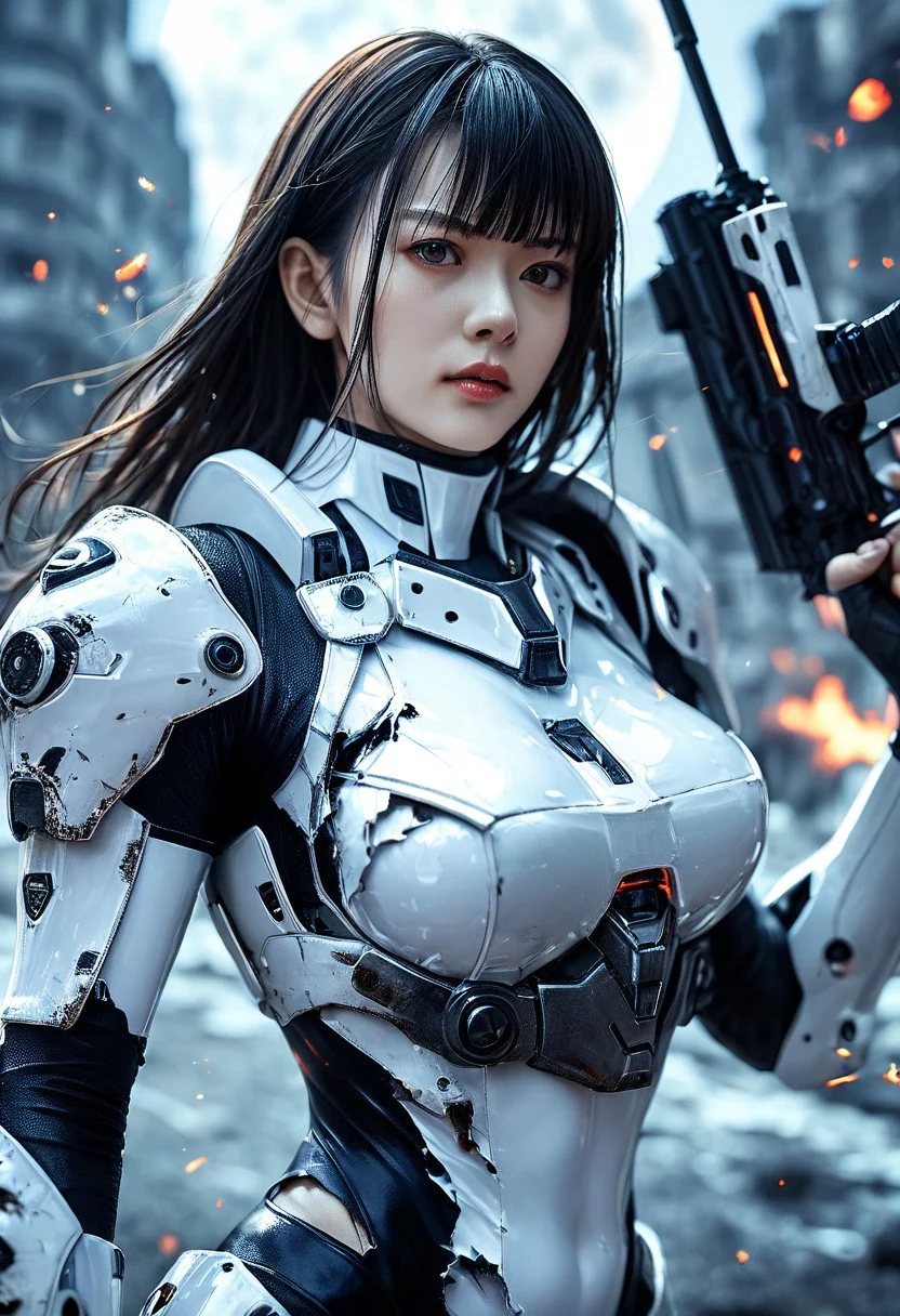 score_9, score_8_up, score_7_up, realistic skin texture, detailed anime, HD32k, sci-fi, 1girl, solo, bangs, on a battlefield in a moon city, white and black armor, ripped and torn bodysuit, skin tight, holding, firing railgun, firing weapon, closeup of face, photography, detailed face, mecha armour
