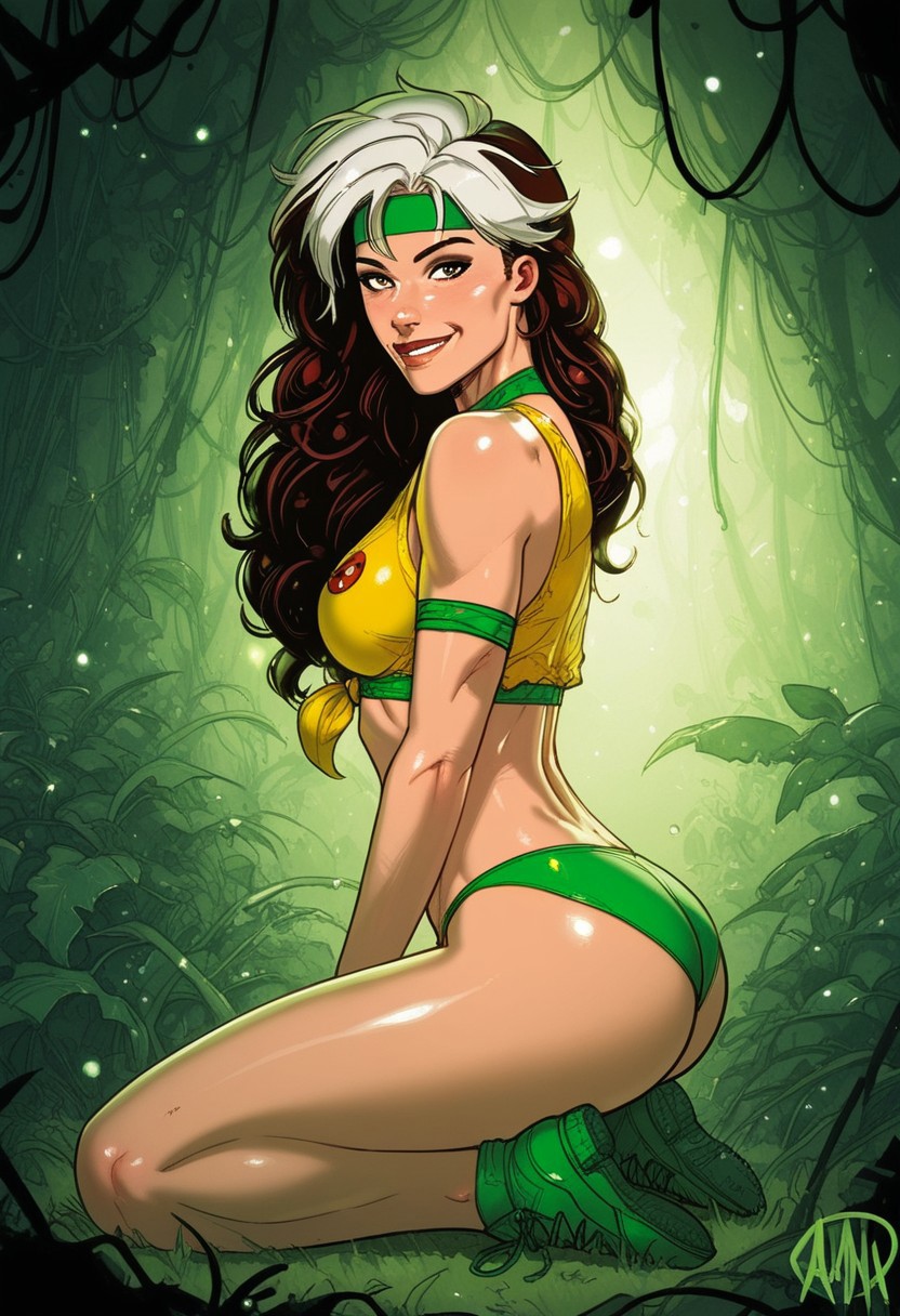 score_9, score_8_up, score_7_up, masterpiece, high quality, ultra detailed, absurdres, Expressiveh,  negative_hand, g0thicPXL, ganassa BREAK 1girl, SavageRogue, two-tone hair, brown hair, white bangs, green headband, yellow top, green bikini, green loincloth, green gloves, green footwear, leg wraps, arm wraps, volumetric light, ray tracing, cinematic shadows, backlighting, cinematic lighting, close-up, closeup, jungle, sexy pose, ass, Expressiveh , g0thicPXL, looking at viewer, sitting, on knees, feet, smile, arched back,