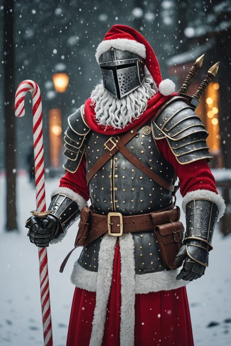 cinematic photo dark souls warrior with (santa costume:1.2),holding candy cane,snowing . 35mm photograph, film, bokeh, professional, 4k, highly detailed