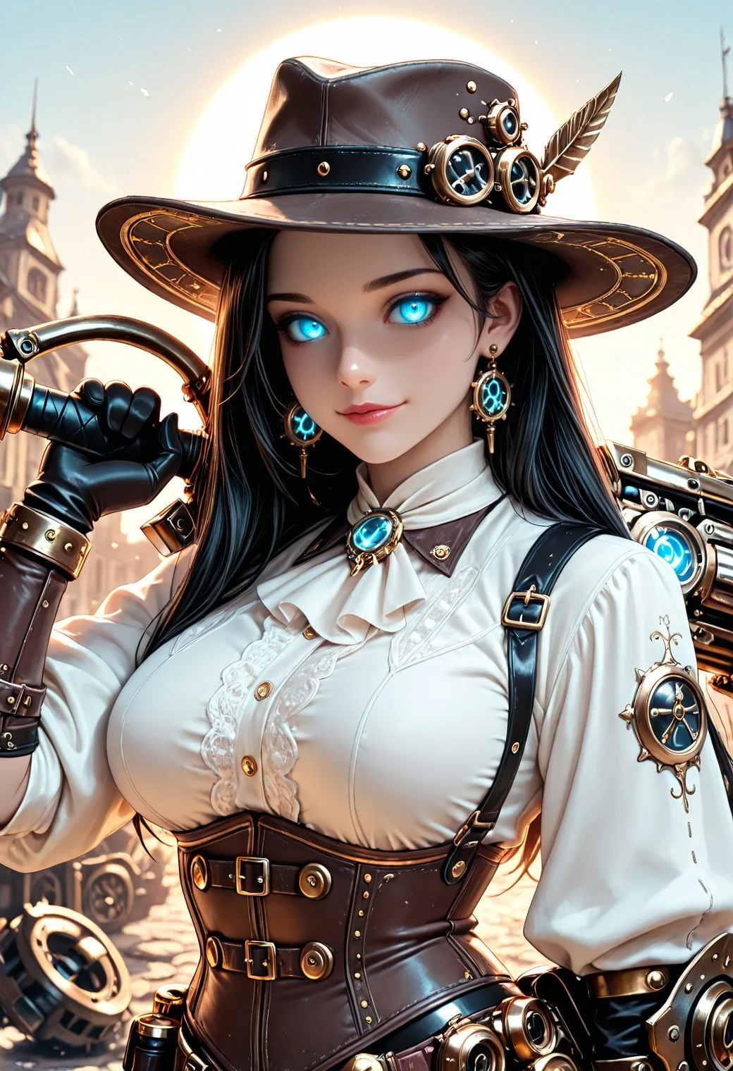 SmoothNoob_Quality, steampunk. 1girl, black hair, breasts, earrings, white clothes, gloves, glowing, glowing eyes, jewelry, lips, lipstick, long hair, looking at viewer, mask, day, blue eyes, sun, solo, mechanical weapon over shoulder, fedora, light smile, <lora:Smooth_SteamPunk:0.8>