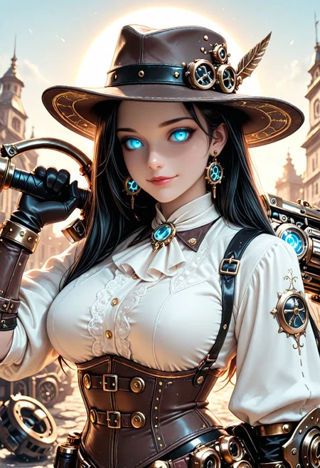 SmoothNoob_Quality, steampunk. 1girl, black hair, breasts, earrings, white clothes, gloves, glowing, glowing eyes, jewelry, lips, lipstick, long hair, looking at viewer, mask, day, blue eyes, sun, solo, mechanical weapon over shoulder, fedora, light smile, <lora:Smooth_SteamPunk:0.8>