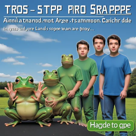 <lora:Animorph_-_pony:1> animorph, boy, (morph:1.2), (frog(pepe, meme)), left to right transformation, multiple people, 5 stage transformation, gradual transformation, book cover