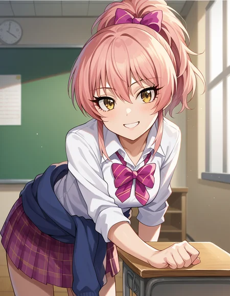 score_9, score_8_up, score_7_up, source_anime,
mikajougasaki, <lora:mika-jougasaki-ponyxl-lora-nochekaiser:1>
mika jougasaki, hair bow, long hair, pink hair, yellow eyes, ponytail, smile,
bow, clothes around waist, plaid, plaid skirt, school uniform, skirt, sweater, sweater around waist,
indoors, classroom, bent over,
looking at viewer, dutch angle, cowboy shot,