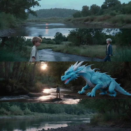 <lora:SDXL_cinematic_Sa_May:1> cinematic,  a boy and the super cute pastel blue dragon walking along the riverbank, Forrest moon