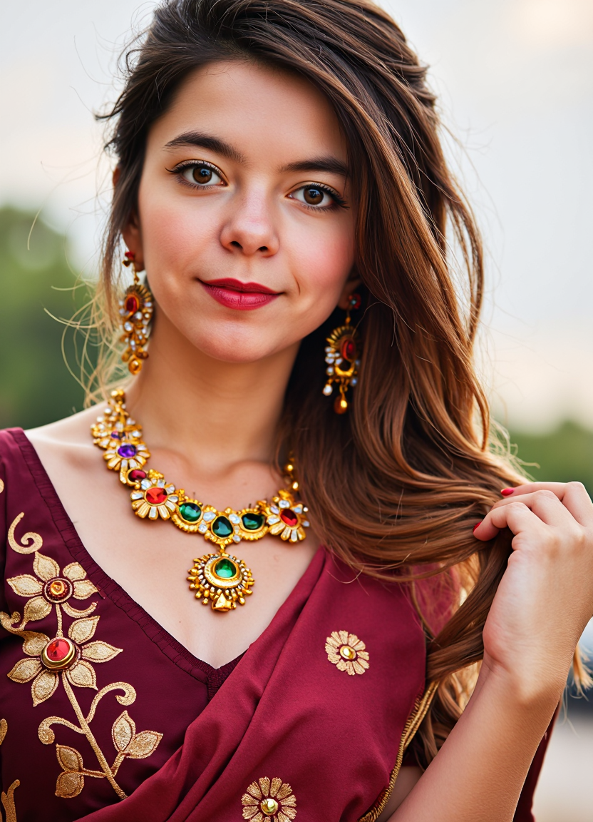 SFW, brightly lit, aidmaimageupgrader, This is a high-resolution photograph of a woman,captured from a slightly elevated angle, focusing on her upper body and face. she has a medium brown skin tone and dark hair styled in a sleek ponytail. She has a serious expression, with her lips slightly parted and wearing subtle makeup that highlights her features. she is dressed in a traditional maroon and gold sari, with intricate patterns visible on the fabric. The sari is adorned with gold embellishments, and she wears a statement necklace featuring a large central pendant with colorful stones. Her earrings are also gold and adorned with green stones. The background is blurred, drawing attention to ShoAgh, and appears to be an outdoor setting with soft, natural lighting. The depth of field is shallow, keeping ShoAgh in sharp focus while the background remains out of focus. The image has a soft, natural lighting quality, likely taken during the day with natural sunlight. This photograph appears to be taken by a professional photographer, evident from the clarity, composition, and lighting. The photo captures a moment of poised elegance and is likely used for formal or professional purposes.<lora:pony\Letha_Weapons_Pony_-_Adult_Actress_and_Model.safetensors:1.0:1.0> <lora:flux\custom\adult\lina-rose.safetensors:1.09:1.09> <lora:turbo-8-step-flux.safetensors:0.5:0.5> <lora:flux\style\Common\aidmaImageUprader-FLUX-v0.3.safetensors:0.25:0.25>