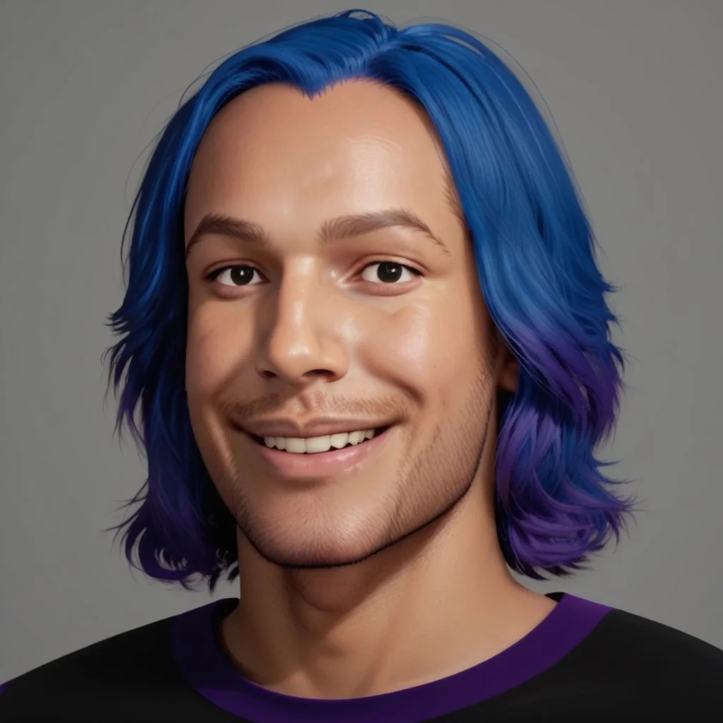 criss metaxvoor, 1boy, solo, male focus, realistic, blue hair, facial hair, grey background, shirt, black eyes, simple background, upper body, smile, stubble, looking at viewer,, PonyXLV6_Scores zPDXL