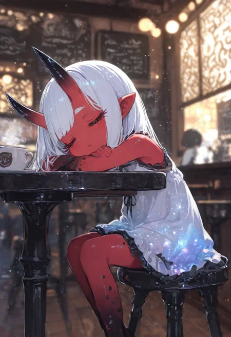 (EyesHD:1.2), (4k,8k,Ultra HD), masterpiece, best quality, ultra-detailed, very aesthetic, sharp focus, depth of field, ray tracing, best lighting, detailed illustration, detailed background, cinematic, glowing particles, shinny, glitter, beautiful face, beautiful eyes,
BREAK
ambient occlusion, raytracing, soft lighting, blum effect, masterpiece, absolutely eye-catching, particles, glow, shining, intricate cinematic background,
BREAK
masterpiece, amazing quality, best quality, ultra-detailed, 8K, illustrating, CG, clear skin, ultra-detailed-eyes, detailed background, cute girl, eyelashes
BREAK
Aka-Oni, oni, colored skin, (red skin:1.3), smooth horns, black horns
BREAK
(boring expressive:1.5), cute, kawaii, head rest, sitting on stool chair, cafe, depth of field, cute sleeping on table, chibi:2.0