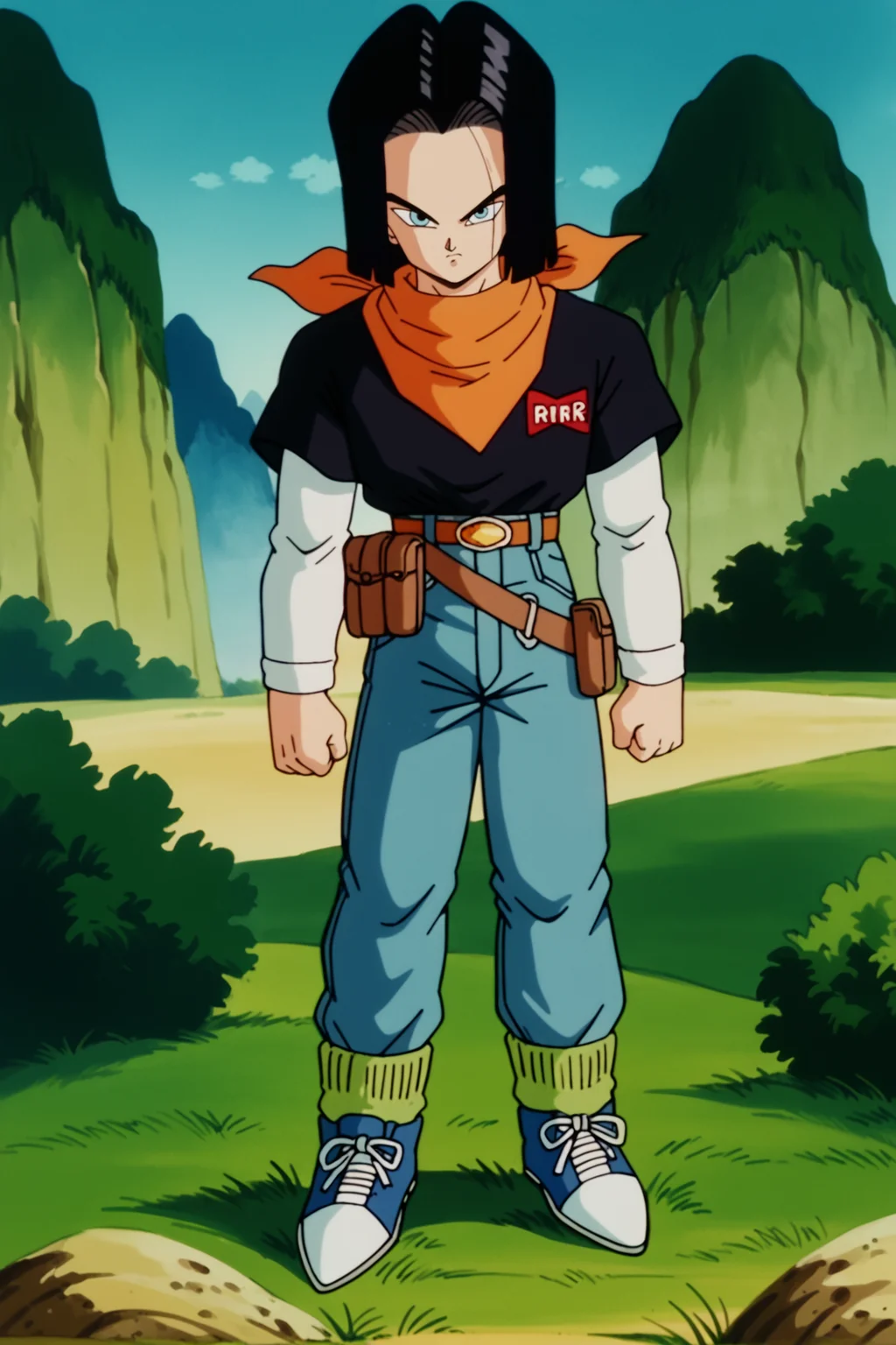 score_9,score_8_up,score_7_up, score_6_up, BREAK, android 17,retro artstyle,1boy,solo,full body,mount paozu, blue sky, cloud, grass,thin mountain, cliff, bush,outdoors, black hair,short hair, light blue eyes, black t-shirt, short over long sleeves, blue jeans, orange bandana,(multiple belts:1.1), green socks, blue sneakers,pouch, serious, clenched hands,looking at viewer, closed mouth, white sleeves,brown belt,(gold belt buckle:1.2),red badge, rr,torn jeans, <lora:MountPaozuPony:1> <lora:Android17Pony:1>