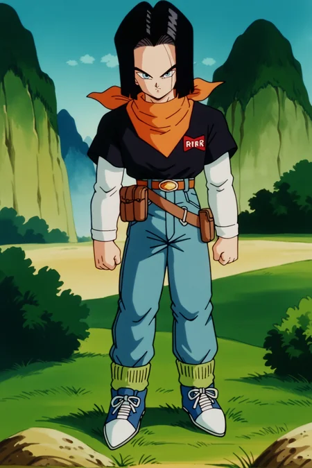 score_9,score_8_up,score_7_up, score_6_up, BREAK, android 17,retro artstyle,1boy,solo,full body,mount paozu, blue sky, cloud, grass,thin mountain, cliff, bush,outdoors, black hair,short hair, light blue eyes, black t-shirt, short over long sleeves, blue jeans, orange bandana,(multiple belts:1.1), green socks, blue sneakers,pouch, serious, clenched hands,looking at viewer, closed mouth, white sleeves,brown belt,(gold belt buckle:1.2),red badge, rr,torn jeans, <lora:MountPaozuPony:1> <lora:Android17Pony:1>