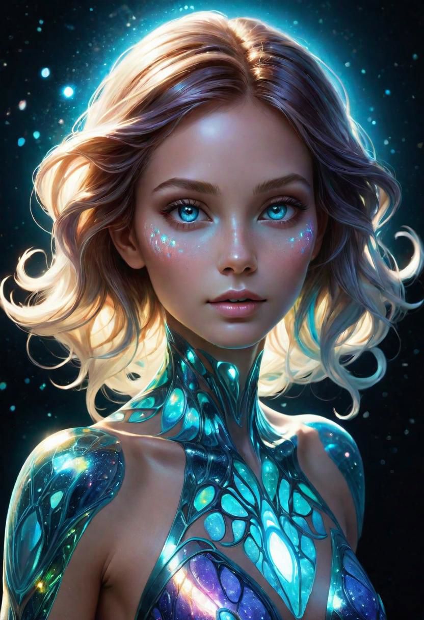 BELLE
an extraterrestrial species whose defining characteristic: bioluminescent skin. Her body and skin shimmers with colors that defy human understanding, a living, breathing canvas of cosmic art., Broken Glass effect, no background, stunning, something that even doesn't exist, mythical being, energy, molecular, textures, iridescent and luminescent scales, breathtaking beauty, pure perfection, divine presence, unforgettable, impressive, breathtaking beauty, Volumetric light, auras, rays, vivid colors reflects, outer space, vanishing point, super highway, high speed, digital render, digital painting, beeple, noah bradley, cyril roland, ross tran, trending on artstation