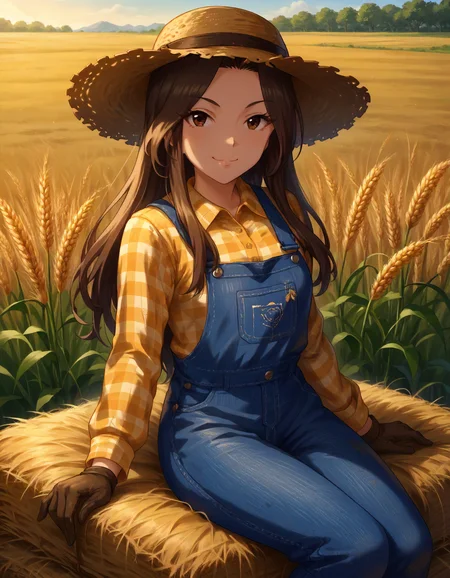 score_9,score_8_up,score_7_up,1girl,solo,sitting on hay,looking at viewer,smile,wheat field,detailed background,dirt on clothes,
<lora:komurochinami_ponyXLV6:0.8>,cgkcn,brown hair,long hair,brown eyes,
straw hat,blue overalls,yellow checkered shirt,long sleeves,black glove