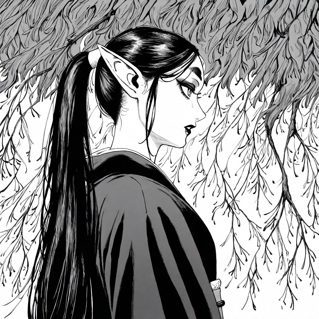 masterpiece, best quality, newest, absurdres, highres, EMPILV1.0, manga, monochrome, greyscale, 
1girl, asian, asian female, elf, elf girl, pointy ears, long hair, kimono, ponytail long ponytail, high taied ponytail, makeup, mascara,