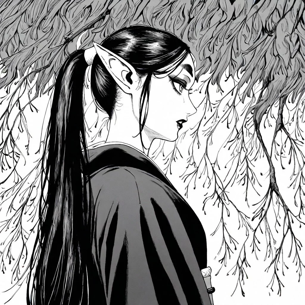 masterpiece, best quality, newest, absurdres, highres, EMPILV1.0, manga, monochrome, greyscale,
1girl, asian, asian female, elf, elf girl, pointy ears, long hair, kimono, ponytail long ponytail, high taied ponytail, makeup, mascara,