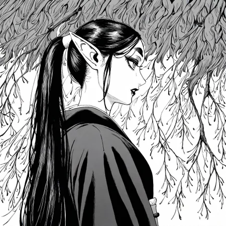 masterpiece, best quality, newest, absurdres, highres, EMPILV1.0, manga, monochrome, greyscale,
1girl, asian, asian female, elf, elf girl, pointy ears, long hair, kimono, ponytail long ponytail, high taied ponytail, makeup, mascara,
