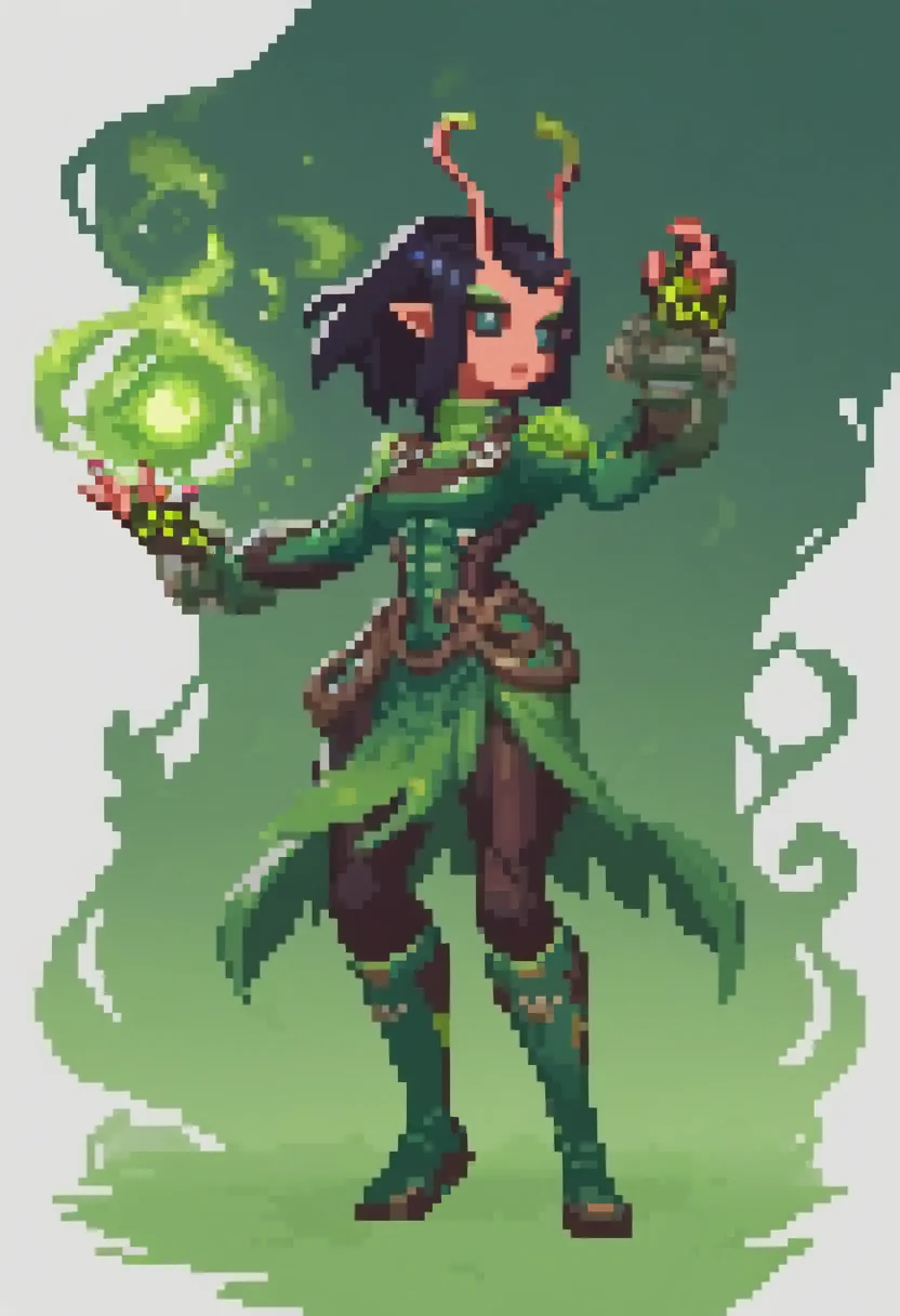 score_9, score_8_up, score_7_up, score_6_up, expressiveh, mantis_rivals, green details, 1girl, solo, black and green clothes, antennae, medium hair, ponytail, black hair, bodysuit, hand equipment, fingerless gloves, pointy ears, vines, nail polish, green nail polish, green sleeves, green cowl, black pants, boots, green footwear, makeup, black eyes, detailed background, dynamic pose, dynamic angle, black sclera, green orb, green effects, dynamic pose, <lora:sakuemonq:1> <lora:Mantis_Marvel_Rivals_-_PonyXL:0.6>