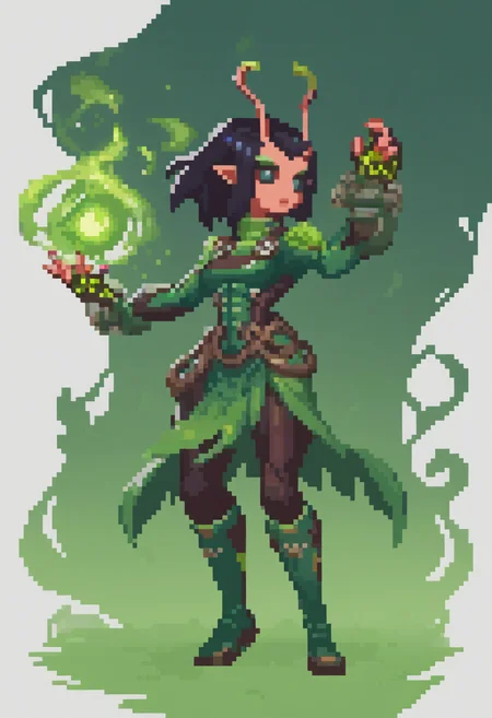 score_9, score_8_up, score_7_up, score_6_up, expressiveh, mantis_rivals, green details, 1girl, solo, black and green clothes, antennae, medium hair, ponytail, black hair, bodysuit, hand equipment, fingerless gloves, pointy ears, vines, nail polish, green nail polish, green sleeves, green cowl, black pants, boots, green footwear, makeup, black eyes, detailed background, dynamic pose, dynamic angle, black sclera, green orb, green effects, dynamic pose, <lora:sakuemonq:1> <lora:Mantis_Marvel_Rivals_-_PonyXL:0.6>