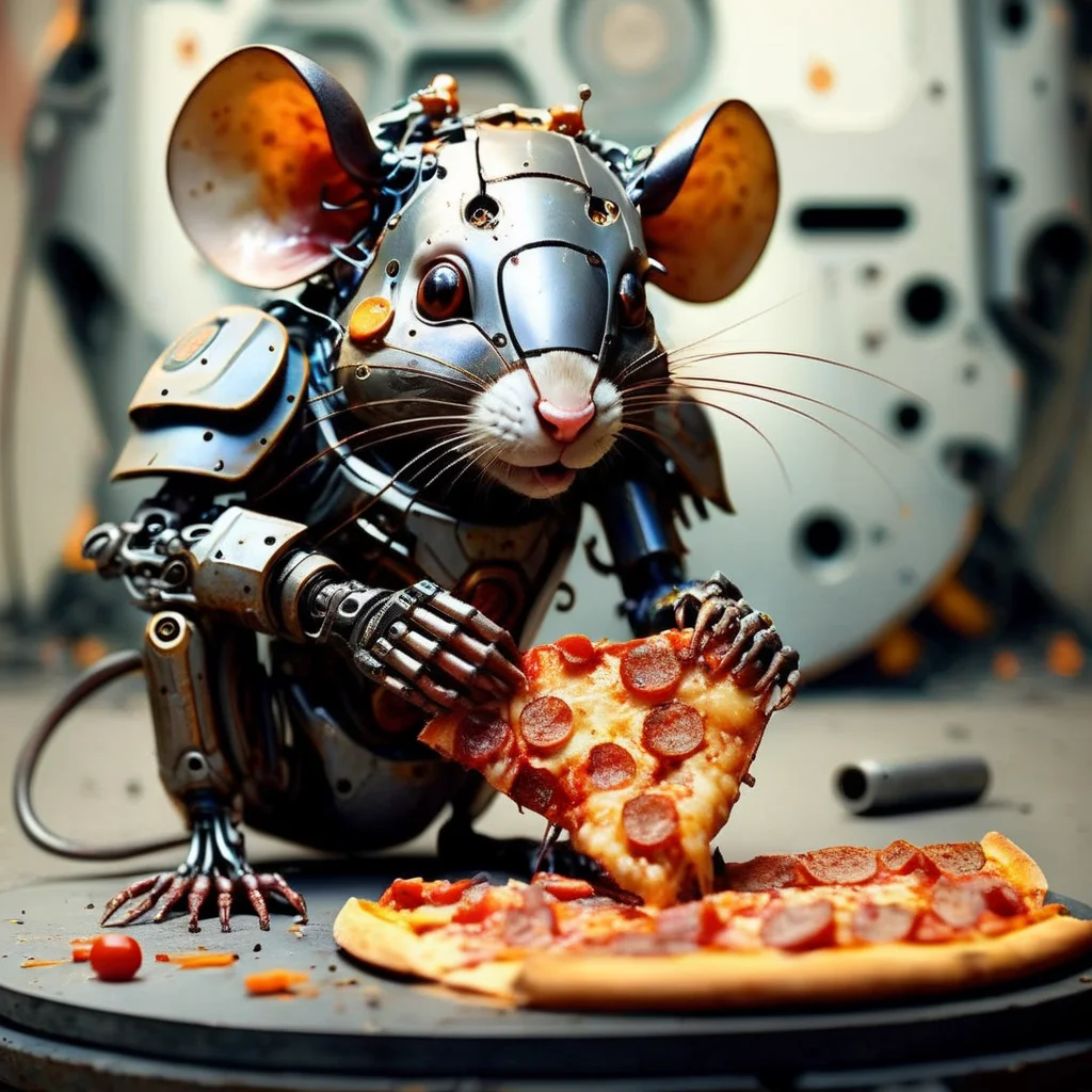 techmai robot rat on a slice of pizza <lora:techmai:1>