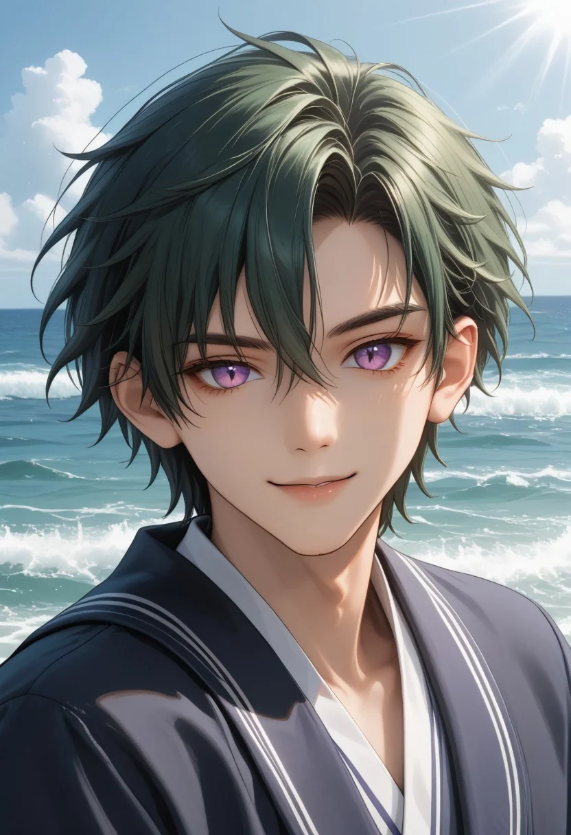 Score_9, Score_8, Score_7,masterpiece quality, full body, perfect eyes, perfect face, perfect ears, perfect anatomy, perfect hands, intricate details, BREAK,1boy, antherima, purple eyes, slit pupils, dark green hair, hair between eyes, asymmetrical hair parting, solo, 20 years old, student, sailor suit, greeting, wave, smile ,BREAK,
bedroom, low light, light rays