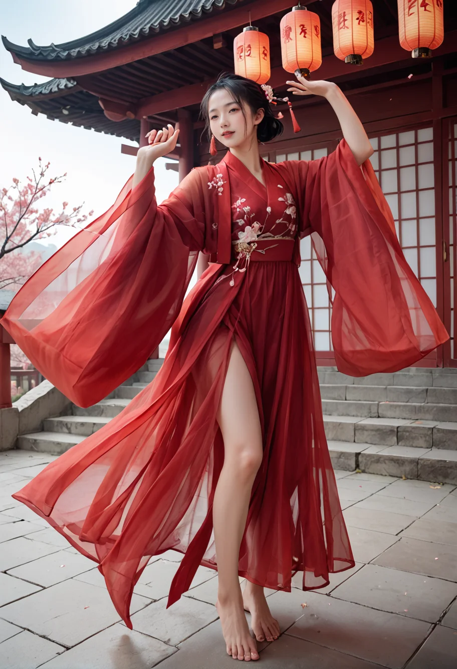 full body,,ruanyi0750,hanfu,wide sleeves,red dress,see-through,dancing,sky lantern,barefoot,<lora:0750 Large sleeve shirt Hanfu_v1_pony:0.8>, score_9,score_8_up,score_7_up,,8k,1girl,solo,