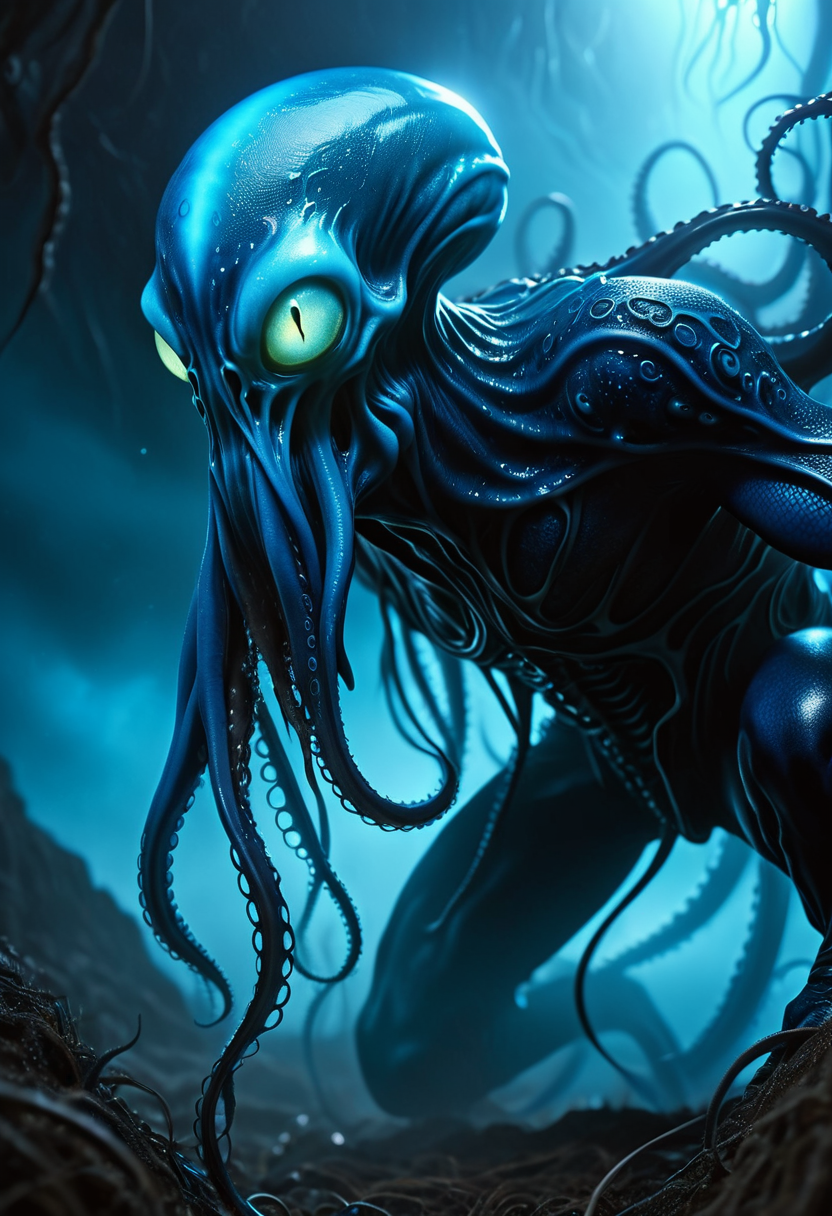 nightmarish and surreal, intense macro shot focusing on psionic energy, deep blue bioluminescent glow, crouched in shadows, observing prey, misty, otherworldly void, tentacled face, dark, leathery skin, elongated cranium, slender, alien physique, four long tentacles extending from mouth fantasy_random_lora, realistic, uhd, 8k, masterpiece, intricately detailed, cinematic, best quality, absurd resolution, fantasy art, fantasy race concept, artfully_mindflayer,  <lora:artfully_MINDFLAYER_SDXL:0.8>