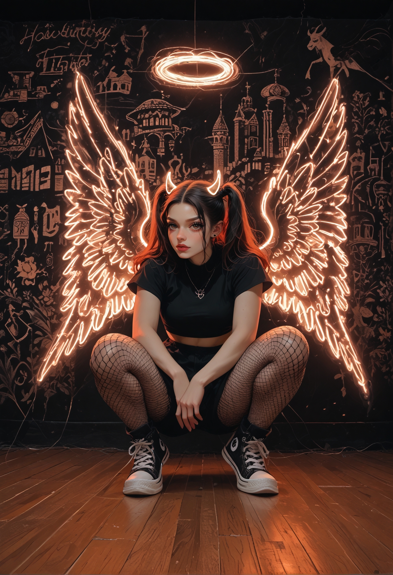 score_9,score_8_up,score_7_up,embedding:zPDXL2, masterpiece,best quality,highly detailed,detailed background, film grain,colorful,Expressiveh,Cinematic Lighting, t4s14, n30nw1ngs, neon light wings, wings, angel, cityscape, halo, pink, goth, twintails, horns, fishnet pantyhose, converse, curvy, large breasts, squatting,<lora:增强\(收藏)\sdxl_lightning_8step_lora.safetensors:1.0:1.0> <lora:Vixon\Neon Light Wings.safetensors:0.9:0.9> <lora:Vixon\Vixon's Pony Stylesv Tasia.safetensors:0.8:0.8>