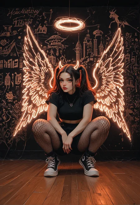 score_9,score_8_up,score_7_up,embedding:zPDXL2, masterpiece,best quality,highly detailed,detailed background, film grain,colorful,Expressiveh,Cinematic Lighting, t4s14, n30nw1ngs, neon light wings, wings, angel, cityscape, halo, pink, goth, twintails, horns, fishnet pantyhose, converse, curvy, large breasts, squatting,<lora:增强\(收藏)\sdxl_lightning_8step_lora.safetensors:1.0:1.0> <lora:Vixon\Neon Light Wings.safetensors:0.9:0.9> <lora:Vixon\Vixon's Pony Stylesv Tasia.safetensors:0.8:0.8>