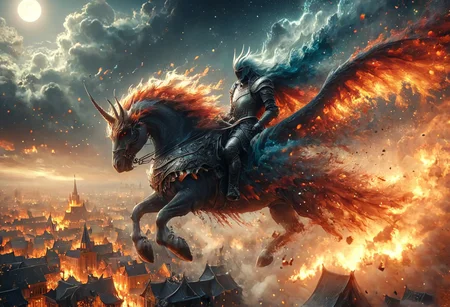 8k, high resolution, best quality, perfect colors, colorful, perfect shadows, perfect lighting, masterpiece, ultra detailed, final showdown super illustration extremely detail, story about a knight riding a pheonix, flying skull dragon, bright moon and stars, dark sky, black cloud, foggy, all range, view of the metropolis wizard city from above, Awash in a haze of light leaks reminiscent of film photography, awesome background, cinematic, wide shot, Dutch Tilt, High Angle Shot, 
( "we copy prompt from venusa" )