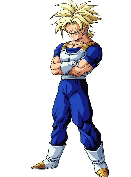 score_9, score_8_up, score_8, score_9, score_8_up, score_7_up,zPDXL2, source_anime,
ftrunksxl, long hair, solo, blonde hair, simple background, gloves, 1boy, white background, standing, full body, male focus, boots, white gloves, crossed arms, spiked hair, serious, retro artstyle, 1990s \(style\), super saiyan, saiyan armor, ponytail
<lora:ftrunksxl:0.8>