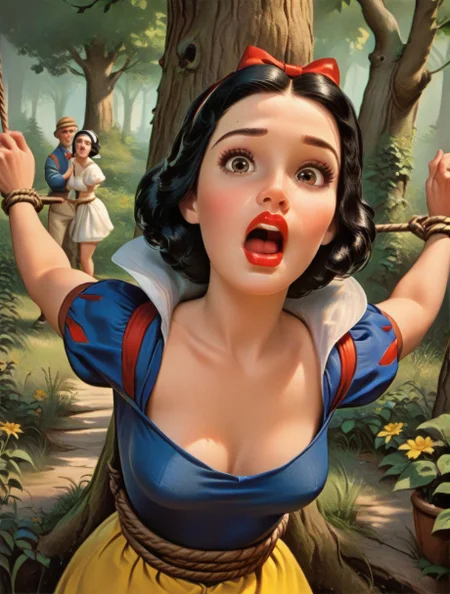 princess Snow White,, 1girl,bound open mouth 4dventur3c0v3r, looking at viewer, <lora:agmerge7575:0.85> <lora:princess_pony_v1:.6>, score_9, score_8_up, score_7_up, score_6, score_5, score_4,