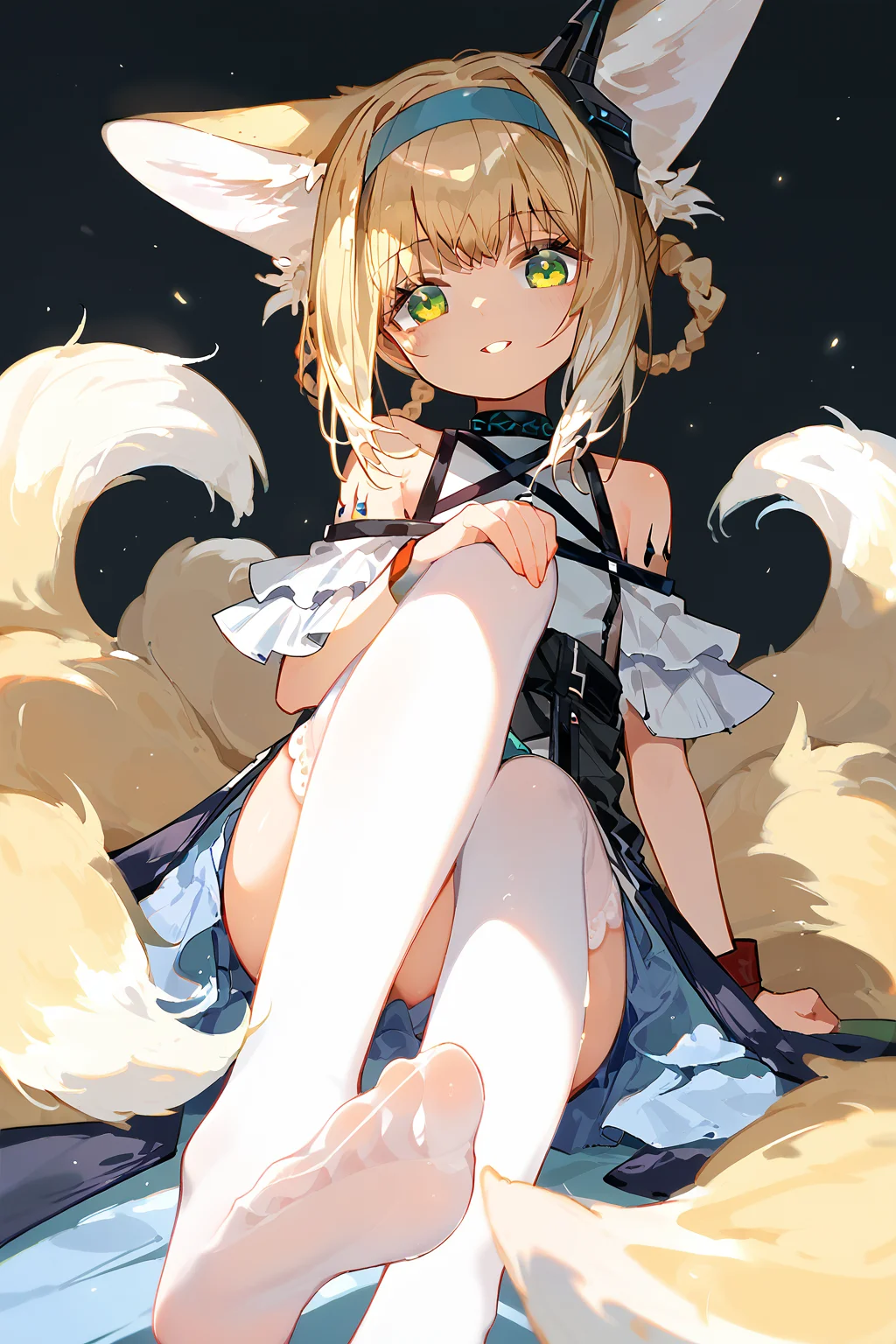 score_9,score_8_up,score_7_up,<lora:linlan(Arknights)-v1:1>,linlan(Arknights),1girl,foot_focus,incredibly absurdres,whole body,seductive_smile,cute face,thighhighs,(white_background:1.1),curvy,very beautiful,animal ears,blonde hair,1girl,animal ears,tail,fox tail,fox ears,solo,green eyes,blonde hair,fox girl,looking at viewer,hairband,multiple tails,bare shoulders,hair rings,bangs,kitsune,blue hairband,the_pose,parted lips,foreshortening,Cinematic Lighting,