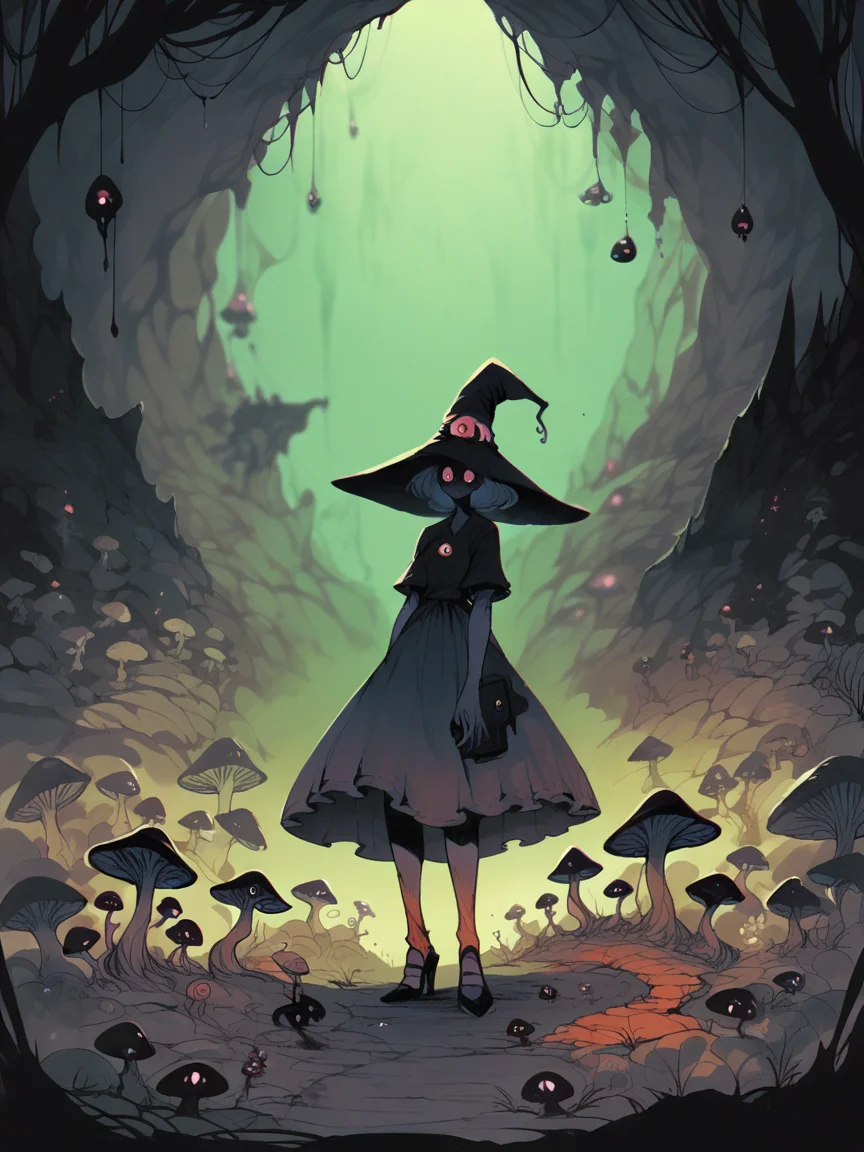 score_9, score_8_up, score_7_up, score_6_up, score_5_up, <lora:DemizuPosukaXLP:0.7> demizuposuka, 1girl, curvy, dress, cute, solo, witch, bioluminescence, mushrooms, fog, cave, creepy, <lora:f3nn3rXLP:0.7> f3nn3r