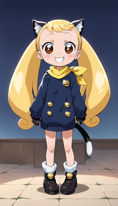 anime artwork of score 9,score_8_up,score_7_up,source_anime,masterpiece,best quality,(parody:1.2),(anime screencap:1.2),
BREAK
(makihatayama hana:1.2),1girl,(female child:1.0),(twintails:1.2),blonde hair,brown eyes,ornament,hairband,solo,
BREAK
morgana,cat ears,cat tail,pochette,yellow scarf,
BREAK
(perfect hands:1.2),smile,
<lora:hana_makihatayama_xl_for_pony_xl_v01:0.7>,<lora:hand 4:1>,<lora:Morgana_PDXL:0.7>,
