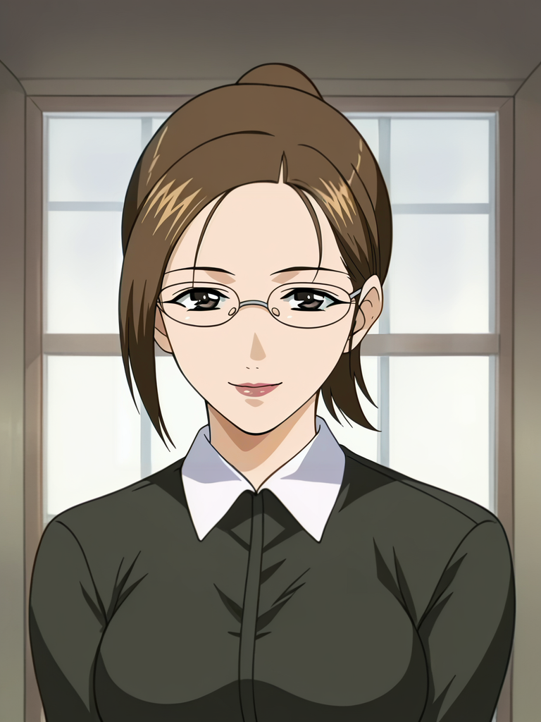 <lora:Miki_Hirayama-Hitozuma_Ryoujoku_Sankanbi:1>,Miki,1girl,solo,glasses,brown hair,ponytail,brown eyes,short hair,lipstick,breasts,shirt,upper body,looking at viewer,smile,indoors