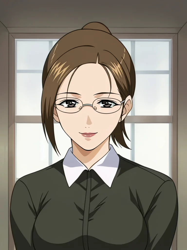 <lora:Miki_Hirayama-Hitozuma_Ryoujoku_Sankanbi:1>,Miki,1girl,solo,glasses,brown hair,ponytail,brown eyes,short hair,lipstick,breasts,shirt,upper body,looking at viewer,smile,indoors