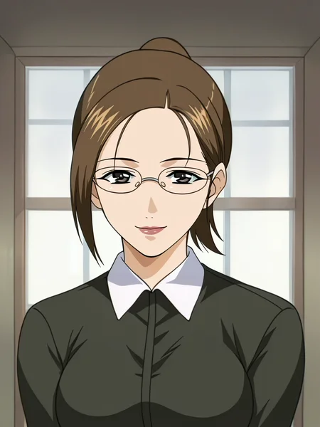 <lora:Miki_Hirayama-Hitozuma_Ryoujoku_Sankanbi:1>,Miki,1girl,solo,glasses,brown hair,ponytail,brown eyes,short hair,lipstick,breasts,shirt,upper body,looking at viewer,smile,indoors
