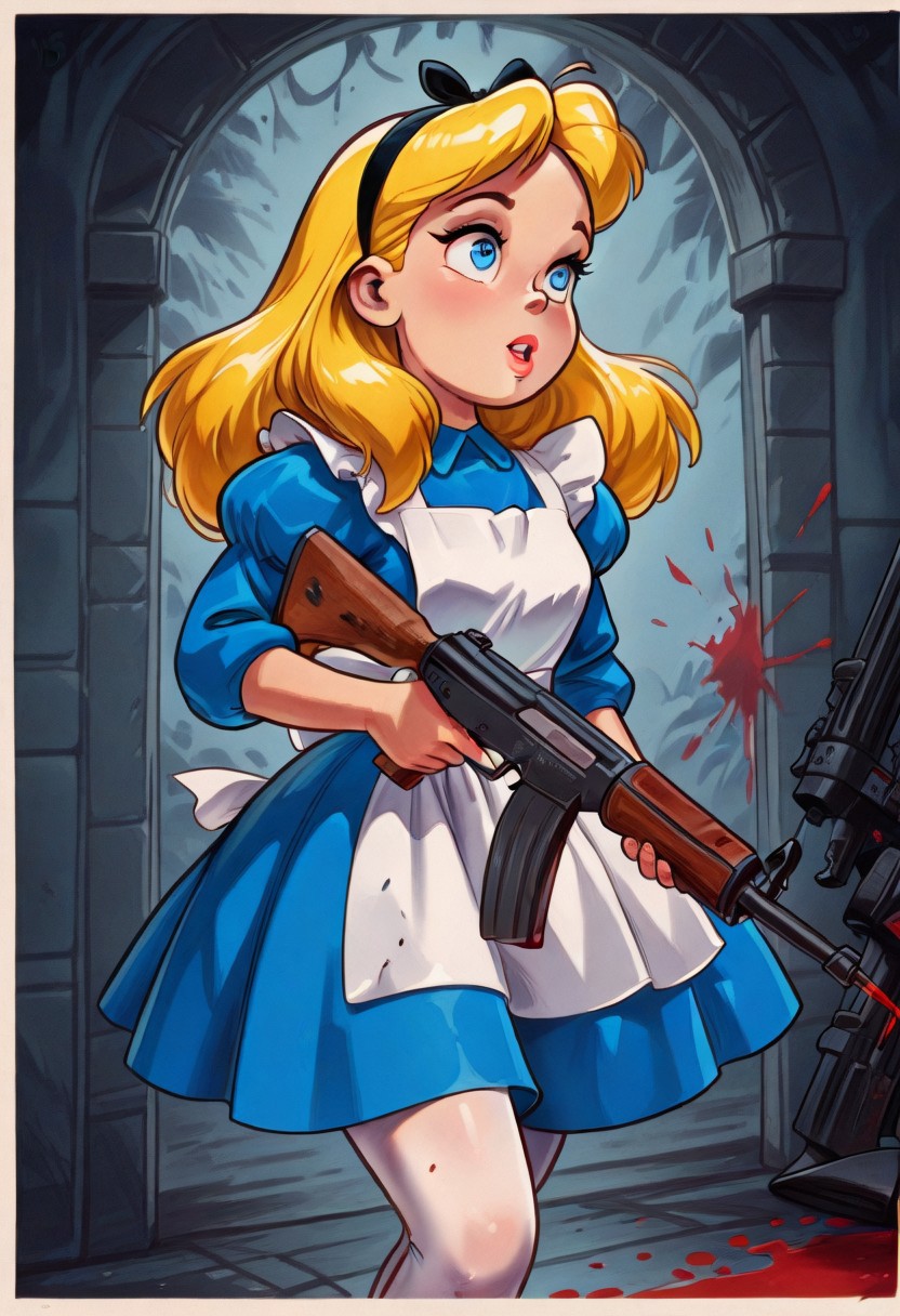 masterpiece, best quality, newest, absurdres, highres, AliceWaifu, blonde hair, blue eyes, white apron, blue dress, puffy sleeves, white pantyhose, hairband, blood splatter, weapon, rifle, assault rifle, holding, holding rifle, VintageComix, vintage, retro aesthetic, comic art