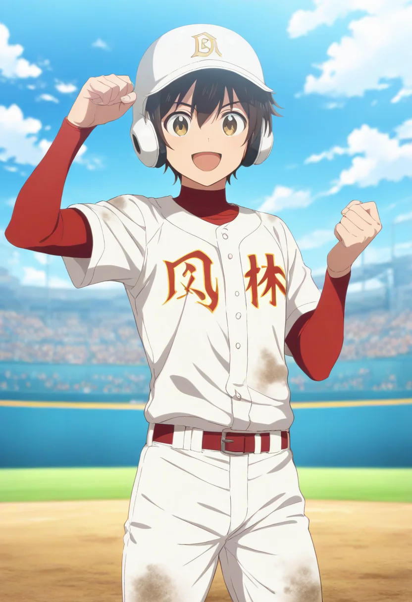 masterpiece,high score,great score,absurdres,daigo shigeno,daigo shigeno\(fuurin\),1boy,baseball uniform,male focus,helmet,solo,dirty clothes,smile,sportswear,dirty,open mouth,clenched hand,stadium,outdoors,sky,headphones,day,blue sky,belt,hat,looking at viewer,blurry,white pants,blurry background,:d,baseball,arm up,cloud,red belt,pants,long sleeves,shirt,fuurin junior high baseball jersey,clothes writing,red shirt,baseball helmet,<lora:Goro_Shigeno_V1-1:0.8>,official art,