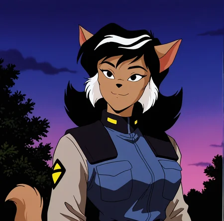 <lora:felinaferal_illustrious:1>, retro style, screencap, cel shaded, (masterpiece), (best quality), (ultra-detailed), amazing quality, very aesthetic, perfect composition, intricate details, absurdres, incredibly absurdres, felinaferal, solo, smile, animal ears, closed mouth, upper body, white hair, dark skin, two-tone hair, brown fur, body fur, cat girl, cat ears, black hair, furry female, 1girl, outside, uniform, tail,