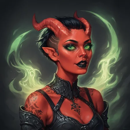 (((beautiful, high quality))), upper Body, woman, goth, short hair, undercut hair, green eyes, score_9, score_8_up, score_7_up, Tiefling, pointed ears, horns, colored sclera, 1girl, red skin, black armor, green energy, looking at the viewer, posing, dynamic pose, blurred background, in the style of jeff-easley, oil painting, realistic, tattoos, black hair, piecings, black lipstick, black makeup, symmetrical horns,