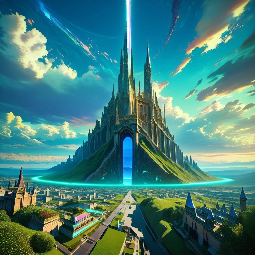 score_9, score_8_up, score_7_up, rating_safe, no humans, landscape, scenery, outdoors, fantasy, dreamlike, surreal, magical, detailed, epic, cinematic, breathtaking, stunning, vibrant colors, castle, city, clouds, blue sky, endless, amazing