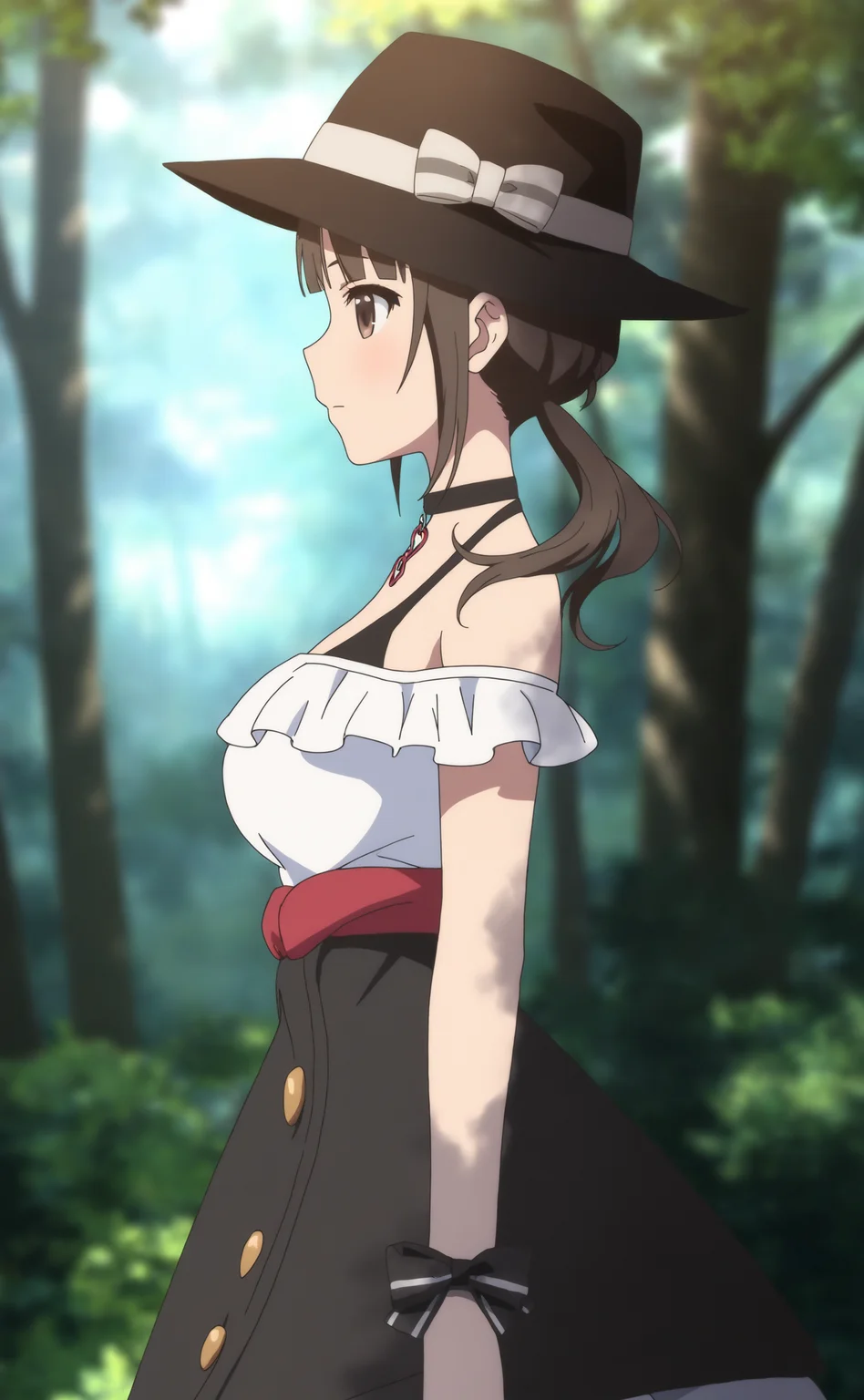 masterpiece,best quality,amazing quality,
<lora:sawaOkitaNAI:1>,sawa okita,
1girl,solo,brown hair,bangs,twintails,black brimmed hat with white bow,brown eyes,black choker,off-shoulder white dress,black camisole underneath,red waist ribbon,black overskirt,upper body,from side,outdoors,forest,tree,lush greenery,dappled light,depth of field,