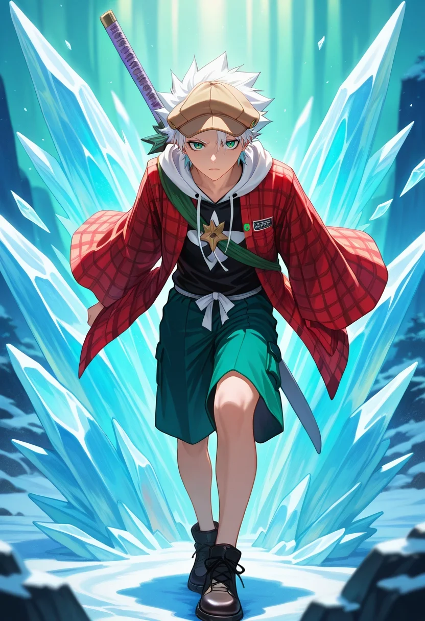 masterpiece, best quality, intricate details, (realistic:0.6), , , 1boy, solo, male focus, <lora:toushirou_hitsugaya_ilxl:0.98>, toushirou_hitsugaya, white hair, green eyes, spiked hair, short hair, japanese clothes, haori. sword, ice, bankai, , Hiking shorts, Plaid flannel hoodie, Slip-on shoes, Newsboy cap,