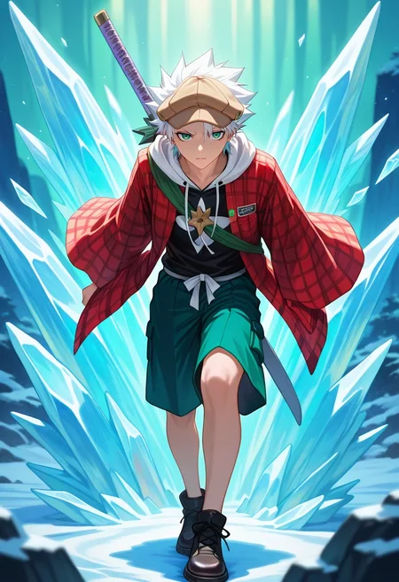 masterpiece, best quality, intricate details, (realistic:0.6), , , 1boy, solo, male focus, <lora:toushirou_hitsugaya_ilxl:0.98>, toushirou_hitsugaya, white hair, green eyes, spiked hair, short hair, japanese clothes, haori. sword, ice, bankai, , Hiking shorts, Plaid flannel hoodie, Slip-on shoes, Newsboy cap,