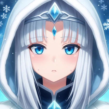 mana_sk style, portrait, focus on face, a fierce frost archer girl with long, sleek silver hair and icy blue eyes, wearing a fur-lined hood and a circlet adorned with frost crystals, her gaze sharp and focused, cold mist surrounding her face as snowflakes gently fall, Japanese RPG style, chilling and majestic atmosphere, intricate details on her hood and frost crystals