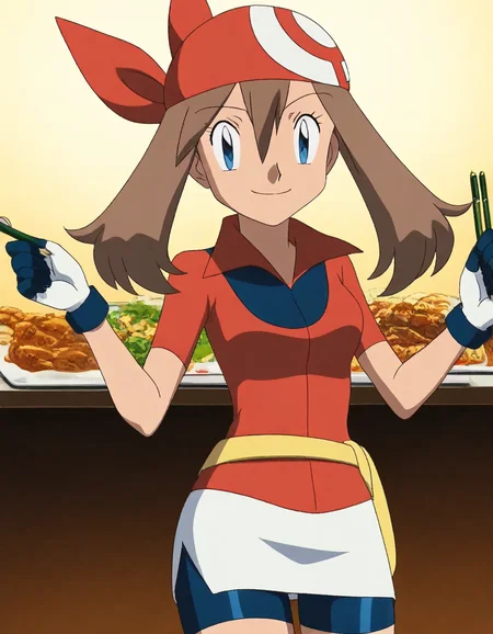 score_9, score_8_up, score_7_up, source_anime, <lora:pokemon-may-anime-illustrious-lora-nochekaiser:1>, pokemonmay, 1girl, may (pokemon), blue eyes, brown hair, bandana, long hair, red bandana, twintails, hair between eyes,, bike shorts, collared shirt, gloves, microskirt, multicolored shirt, pencil skirt, red shirt, shirt, short sleeves, skirt, white skirt,, restaurant, laughter, good food, warm lighting, celebration, smile, looking at viewer, v,, solo,, cowboy shot, dutch angle, solo