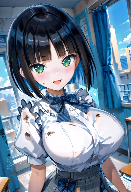 Score_9, score_8_up, score_7_up, source_anime, (anime:1.2), uncensored, zPDXL3, detailxl, (ffacedetailxl:0.5), neolight, very absurdres, raytracing, glistening shiny, Soft illumination, global illuminations, detailed face, detailed eyes, detailed, pretty face,
BREAK <lora:eines:0.8> eines, black hair, short hair, bob cut, blunt bangs, colored inner hair, parted bangs, huge breasts, cute, petite, white shirt, neck ribbon, grey skirt, grey bow, brown footwear, white socks, blue bow, frills, puffy short sleeves,
BREAK
1girl, solo, (detailed background:1.3),
(Add layer:1.3), broad vision, magnificent panorama view,overlooking,
(upper body:1.4),(dutch angle:1.3), (from front:1.4),
(seductive:1.5),seductive half-smile|open mouth, lips, heavy breathing, moaning, bimbo, face of pleasure, vulgarity, obscenity, erotic, hetero,(full-face blush,blush:1.1),
(),
(covered nipples:1), (erect nipples under clothing:1),
<lora:0060 abandoned hospital_v1_pony:0.5> ruanyi0060,blinds,dirty,box,brick wall,broken,broken glass,broken window,building,cable,cardboard box,chair,curtains,desk,door,glass,graffiti,hospital bed,indoors,industrial pipe,pillow,railing,ruins,shelf,tile floor,tile wall,tiles,wall,water,window,
<lora:hand 5.5:1.2> <lora:pubic hair_pony_V1.0:0.5> <lora:vivid_everclear:0.3> <lora:light:0.3> <lora:3Danimation_Disney_1.0:0.6> <lora:Fant5yP0ny:0.3> <lora:HDA_Detailer:0.5> <lora:colorful_sdxl_v2_lbw:1>