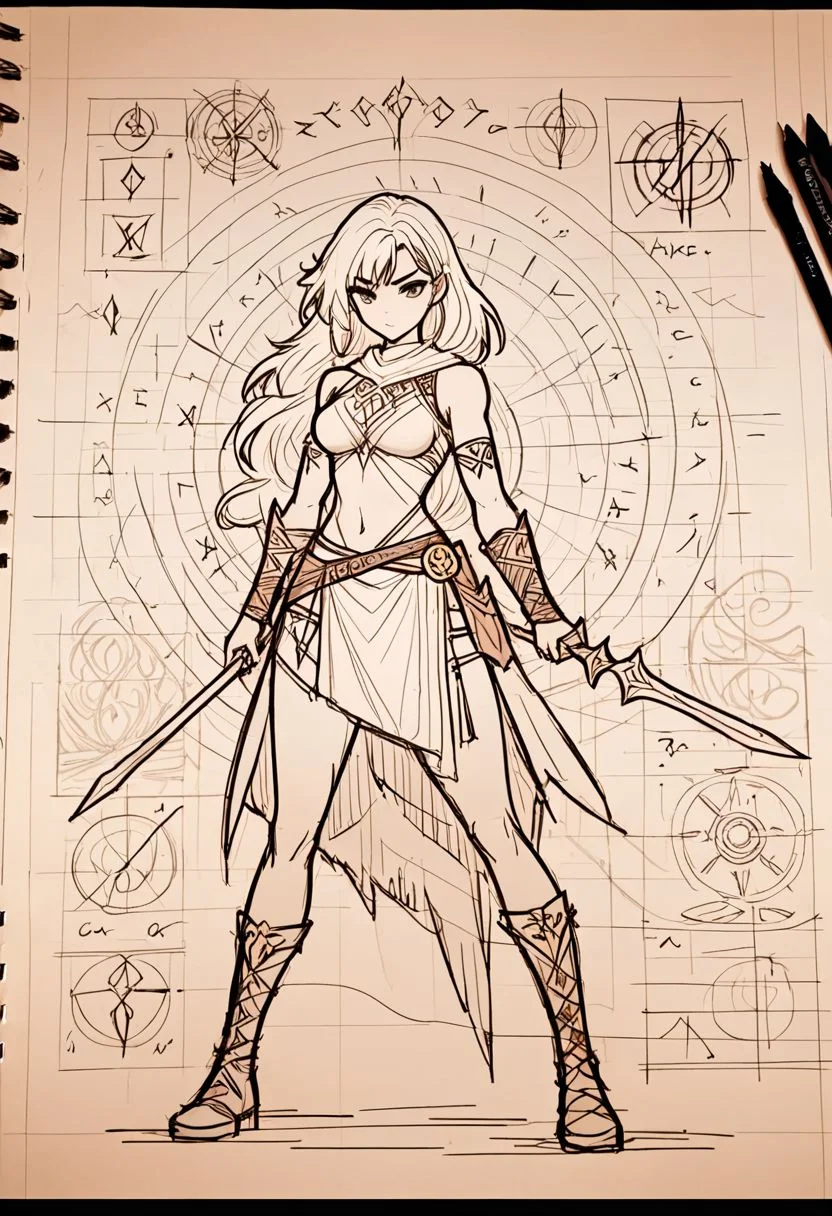 Sketchbook Style, Sketch book, Anime style, hand drawn, dark, gritty, realistic sketch, Rough sketch, mix of bold dark lines and loose lines, bold lines, on paper, turnaround character sheet, a barbarian woman in dark fantasy world, action pose, Full body, arcane symbols, runes, dark theme, Perfect composition golden ratio, masterpiece, best quality, sharp focus. Better hand, perfect anatomy
