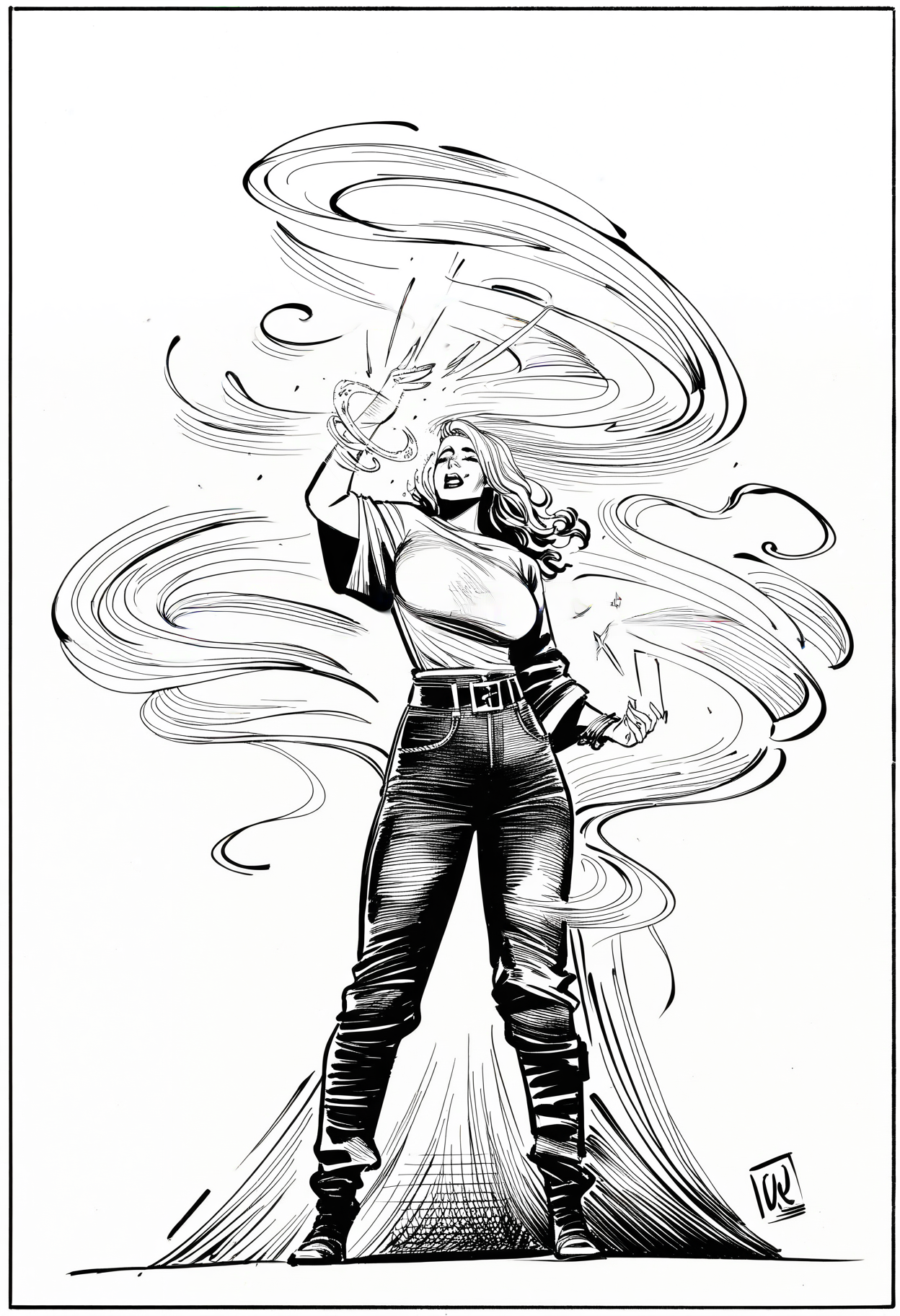 1girl, oversized-shirt, belt, magic, western-comics-\(style\), very awa, masterpiece, best quality, newest, absurdres, highres, monochrome, artist-name, signature, artist-logo