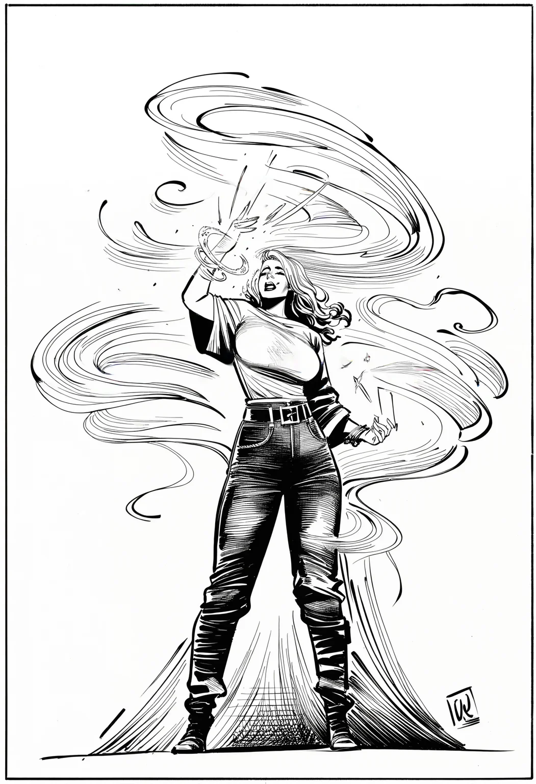 1girl, oversized-shirt, belt, magic, western-comics-\(style\), very awa, masterpiece, best quality, newest, absurdres, highres, monochrome, artist-name, signature, artist-logo