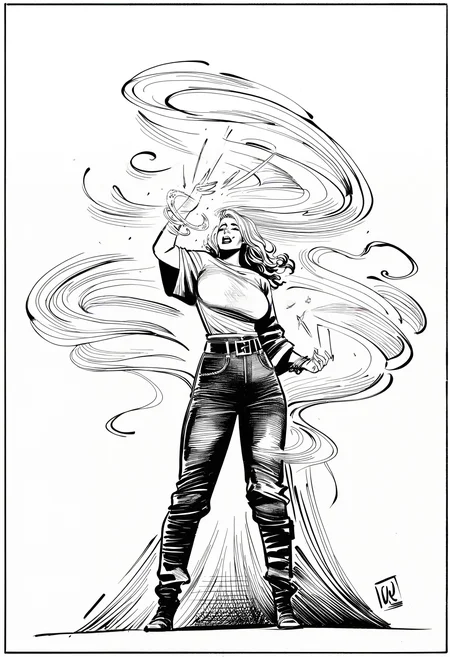 1girl, oversized-shirt, belt, magic, western-comics-\(style\), very awa, masterpiece, best quality, newest, absurdres, highres, monochrome, artist-name, signature, artist-logo